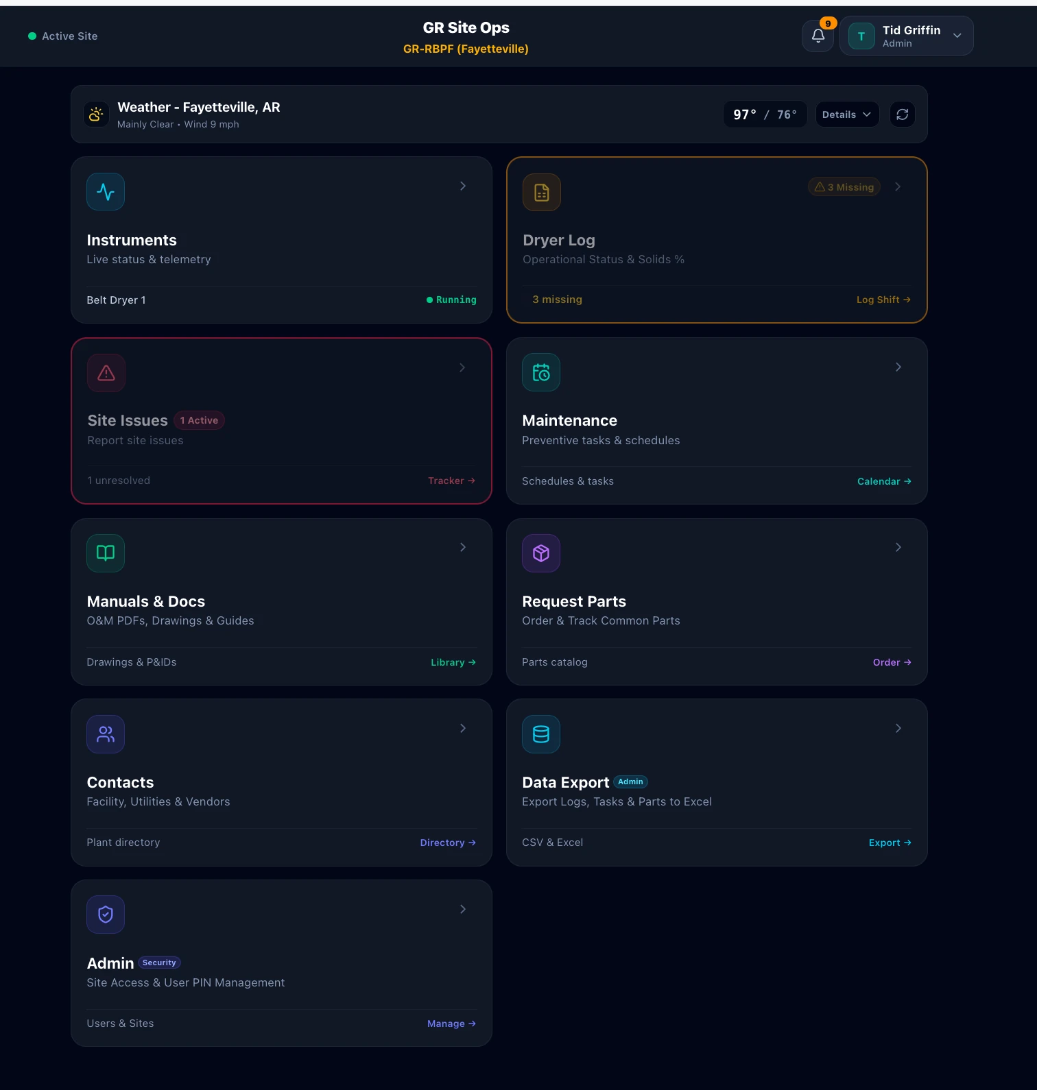 GR Site Ops application interface, shown as a static screenshot.